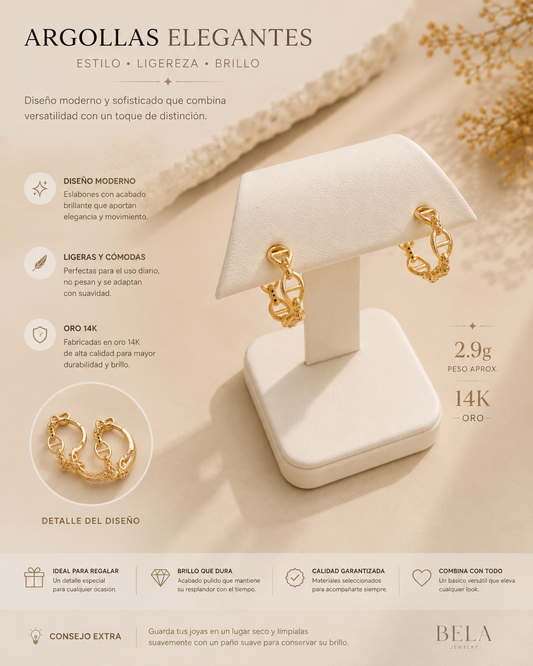 Argollas de Eslabones en Oro 14K - Elegancia Moderna