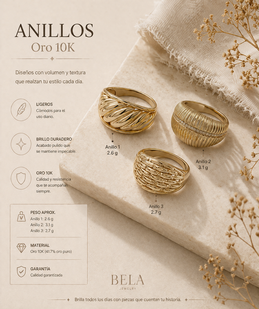 BELA 10K Gold Ring Collection: Sophisticated Textures for Every Day