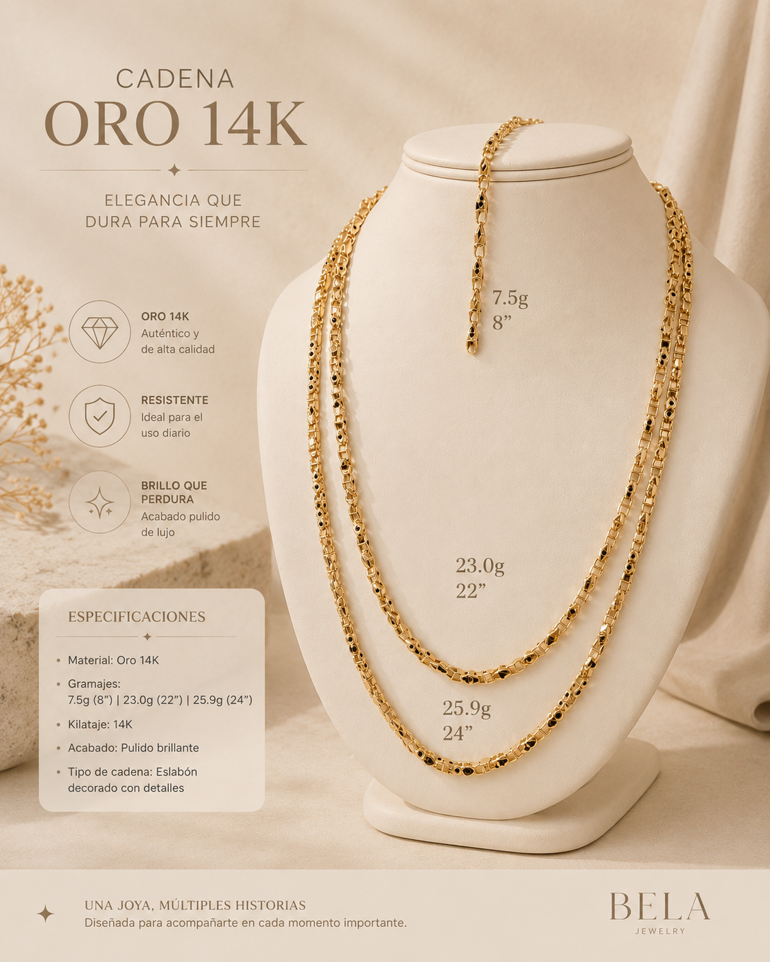 Cadena de Oro 14K con Eslabones Decorados - Elegancia Atemporal