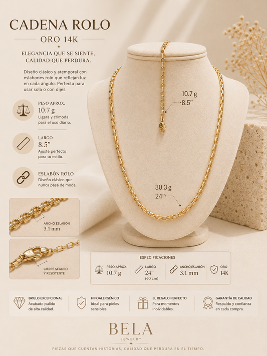 14K Gold Rolo Chain - Timeless Elegance by Bela Jewelry