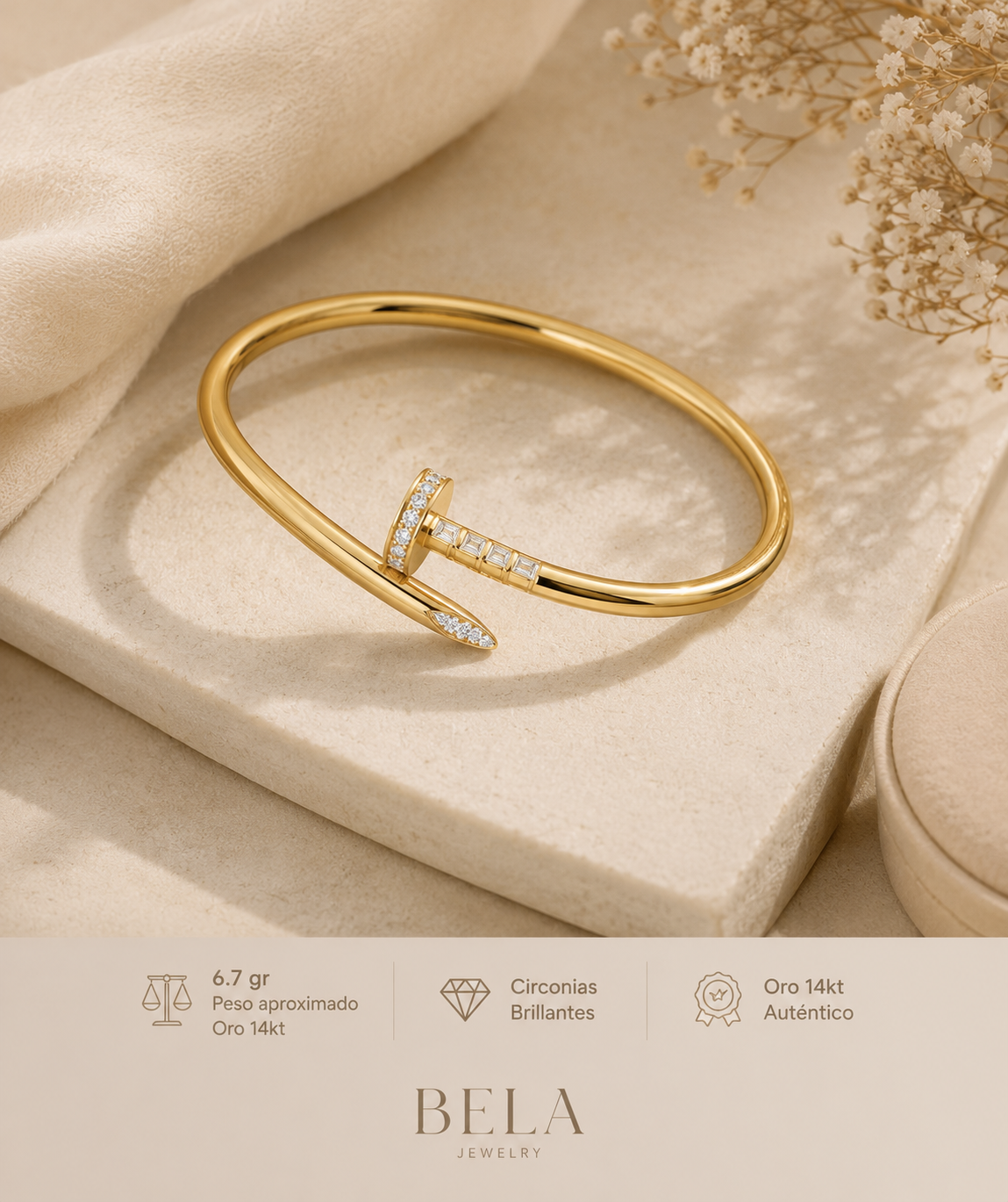 14kt Gold Nail Bangle with Brilliant Zirconias - Sophistication and Style